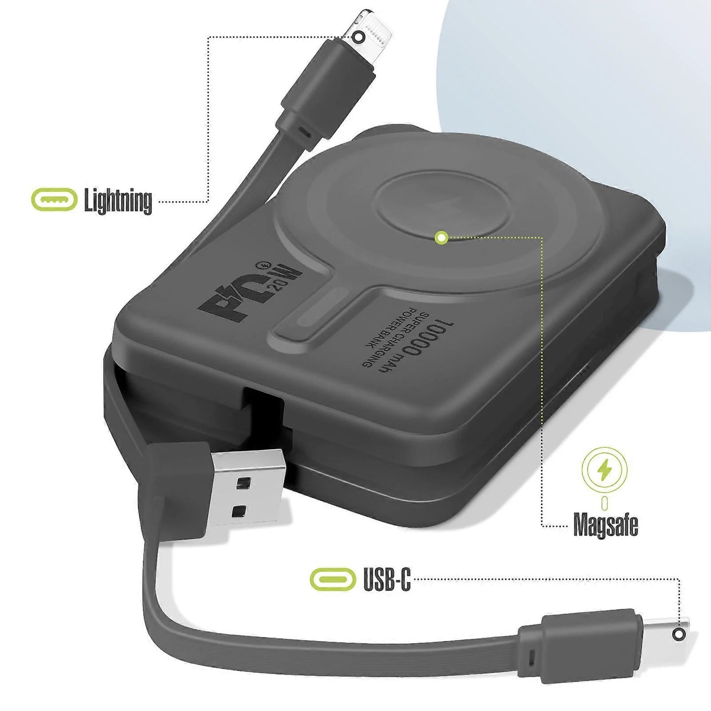 MagSafe Externe Oplader 10000mAh iPhone Lightning en USB C Kabel, Zwart