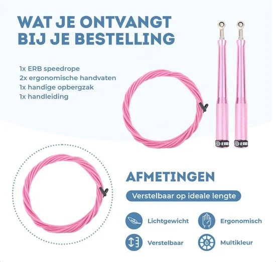 ERB® Professioneel Crossfit & Fitness Springtouw - Speedrope - Jump Rope – Verstelbaar Gewicht - Volwassenen & Kinderen – Roze