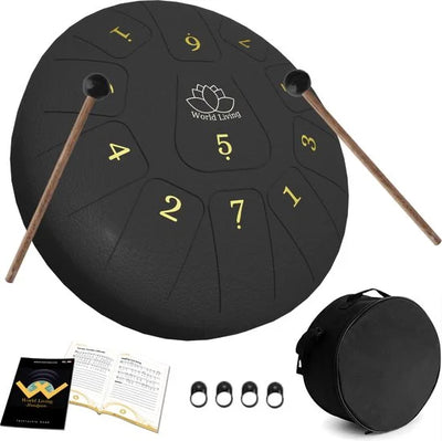 World Living Handpan 30cm- Steel Tongue Drum - Hand Klankschaal incl. Lesboek & Beschermtas - Hangdrum