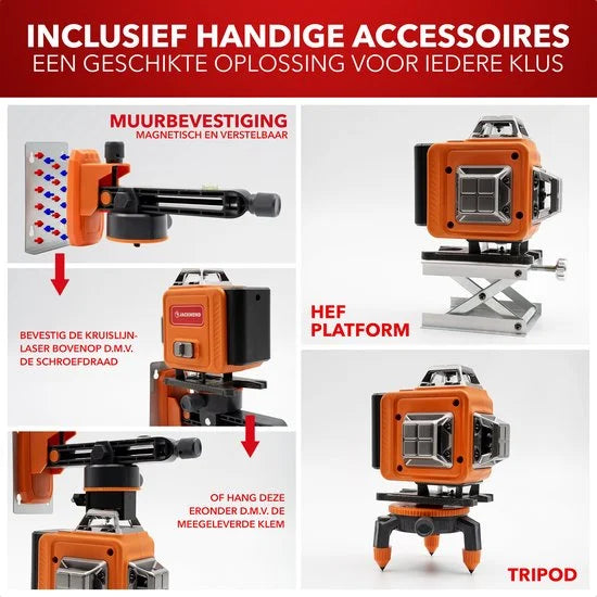 JACKMEND 4D Kruislijnlaser Inclusief Draagkoffer - Zelfnivellerend Bouwlaser met 4 tot 16 Lijnen - 50 Meter Meetbereik - 360 Graden Rotatie Zelfnivellerende Laser