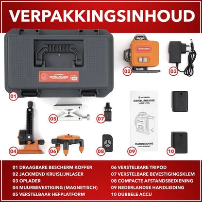 JACKMEND 4D Kruislijnlaser Inclusief Draagkoffer - Zelfnivellerend Bouwlaser met 4 tot 16 Lijnen - 50 Meter Meetbereik - 360 Graden Rotatie Zelfnivellerende Laser