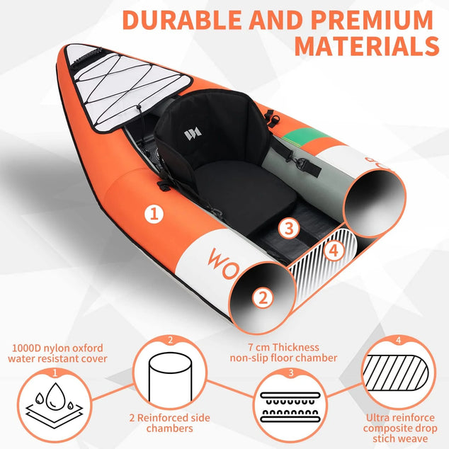WOLF ARMOR Inflatable Kayak 1 and 2 Persons with Accessories & EVA Padded Seats