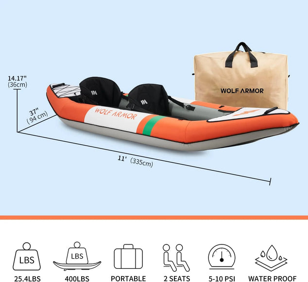 WOLF ARMOR Inflatable Kayak 1 and 2 Persons with Accessories & EVA Padded Seats