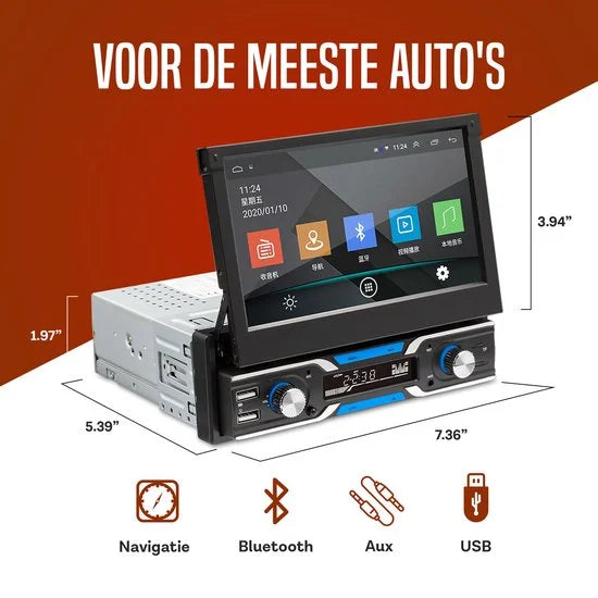 Boscer 1Din Autoradio - Android 10 - Navigatiesysteem - 7' HD Gemotoriseerd klapscherm - 2+32GB - USB, Aux, Bluetooth, WIFI - Achteruitrijcamera