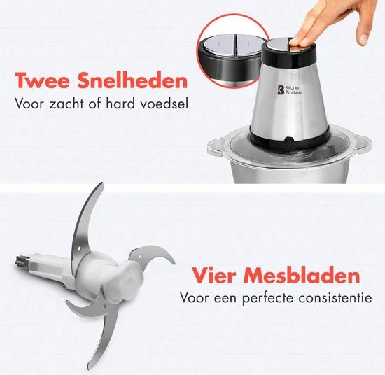 KitchenBrothers Hakmolen - 300W - 1,8 L - RVS Kom - Food Chopper - Hakmolen Elektrisch - 2 Snelheden - RVS