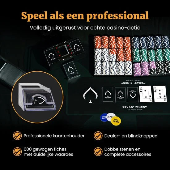 Golden Pokerset 600 Chips - Kaartschudmachine & Pokermat - Pokerkoffer met Kaarten - Pokerkleed - Poker