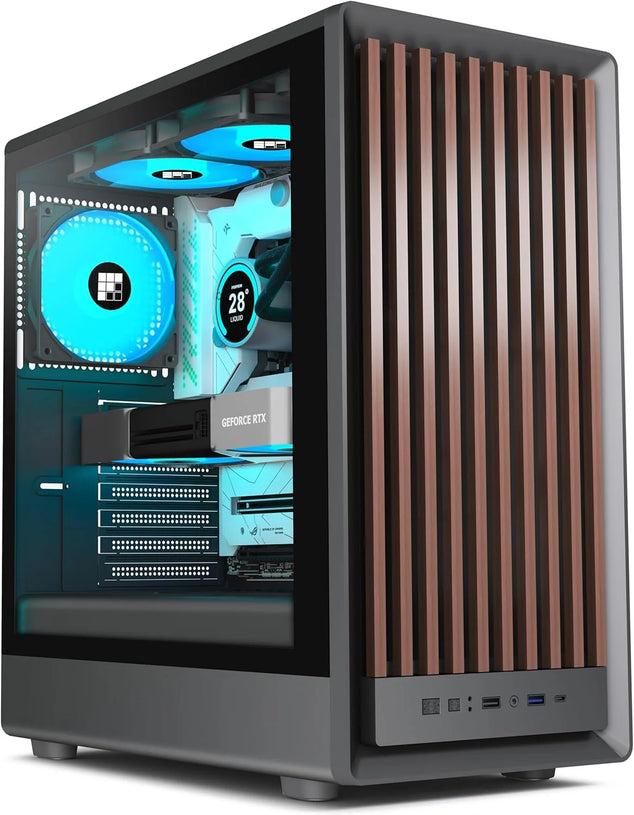 M1 PC behuizing - hout walnoot front, vooraf geïnstalleerde 4 PWM ARGB-ventilator, ATX Mid-Tower gaming pc-behuizing, met type C, zwart (zwart, M1)
