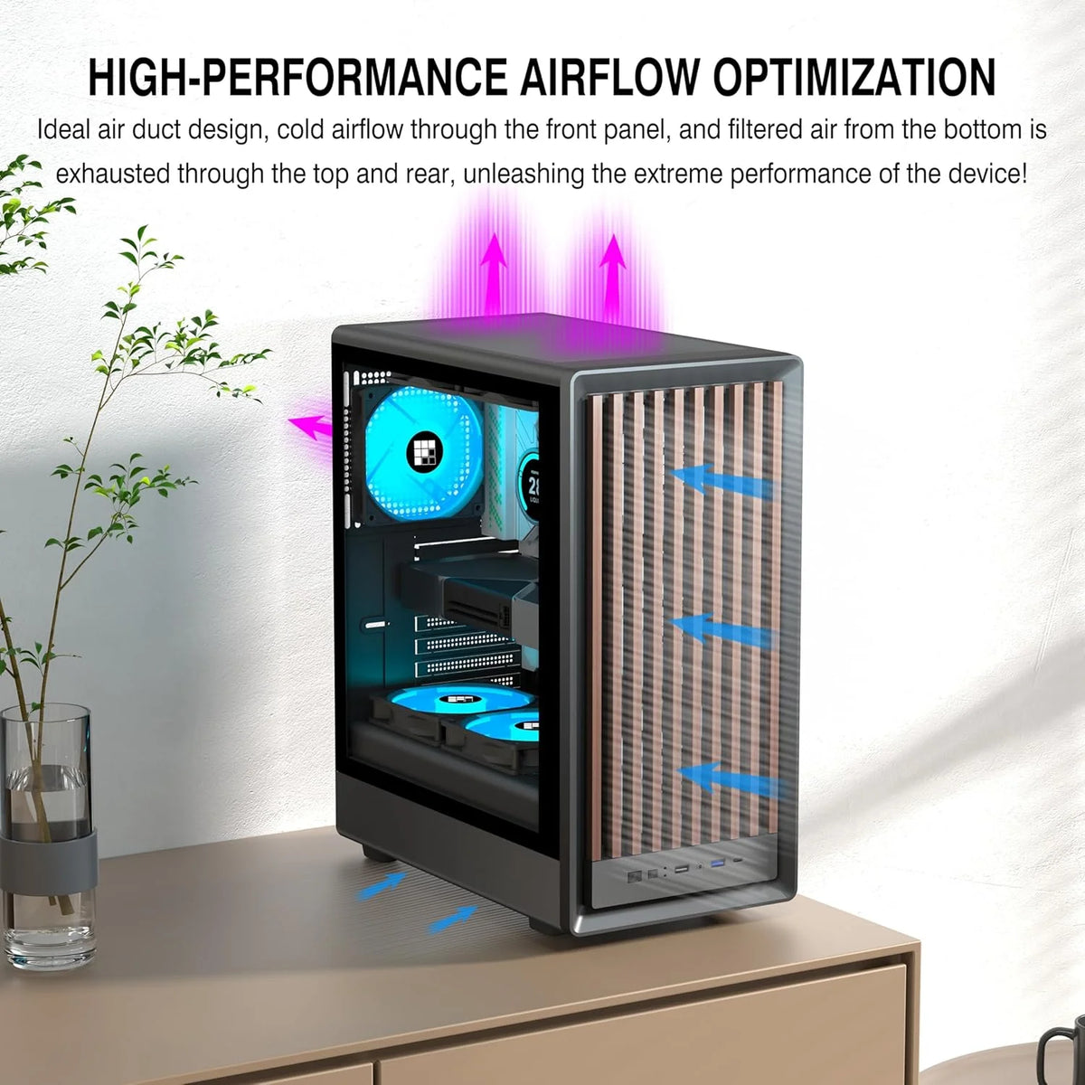 M1 PC behuizing - hout walnoot front, vooraf geïnstalleerde 4 PWM ARGB-ventilator, ATX Mid-Tower gaming pc-behuizing, met type C, zwart (zwart, M1)
