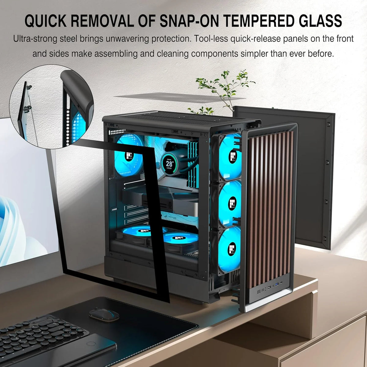 M1 PC behuizing - hout walnoot front, vooraf geïnstalleerde 4 PWM ARGB-ventilator, ATX Mid-Tower gaming pc-behuizing, met type C, zwart (zwart, M1)