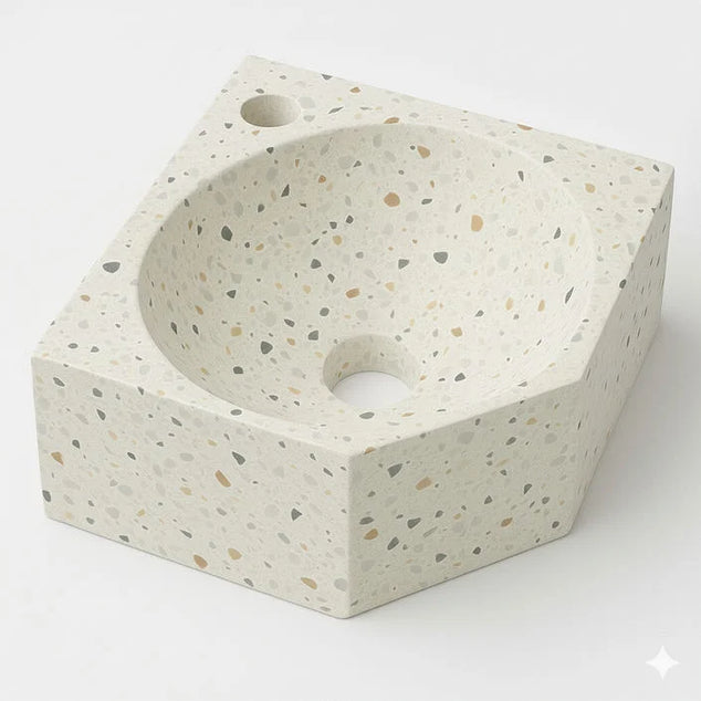 Matrix hoekfontein 27x27cm composiet - met kraangat - mat multi terrazzo