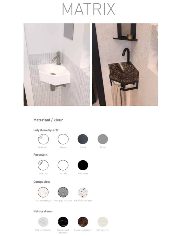 Matrix hoekfontein 27x27cm composiet - met kraangat - mat multi terrazzo