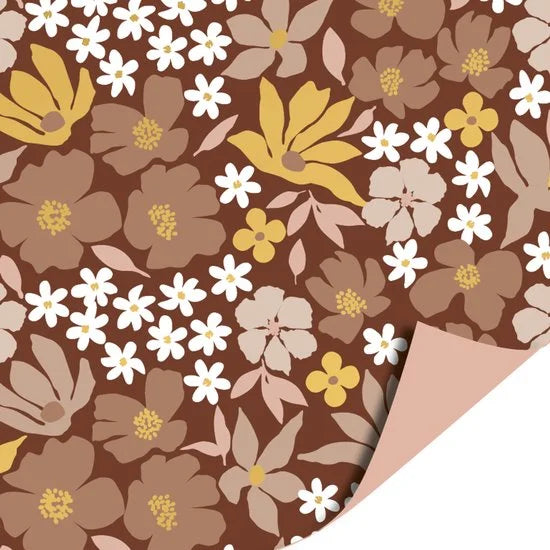Het Inpakhuis - Inpakpapier - Cadeaupapier - Mokka Flowers / Blush - 50cm x 100m - Rol inpakpapier - Bloemen - Beige - Bruin - Goud
