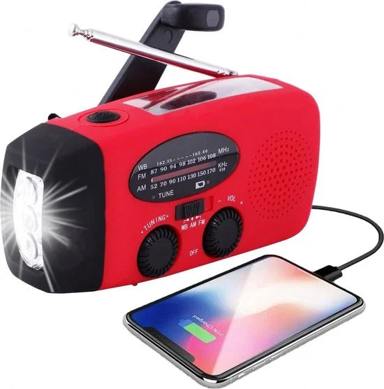 Rode Noodradio - Noodradio Opwindbaar - Noodradio op zonne-energie - fm noodradio - Dynamo Radio - radio - fm radio - powerbank noodradio - radio met zaklamp