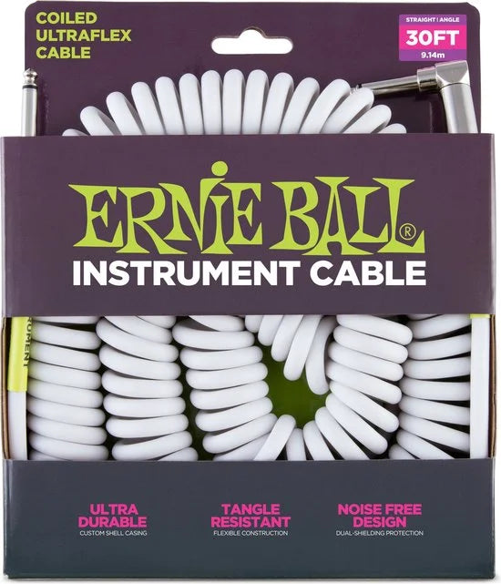 6045 gekrulde instrumenten kabel 9 m wit 1x haaks, 1x recht jack 6,35 mm