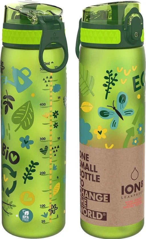 Groen natuur ion8 drinkfles - Lekvrije BPA-vrije slanke kinder waterfles - 500 ml - Vlinders, planten, bomen