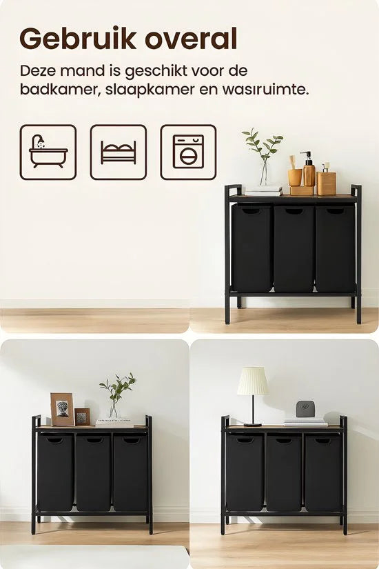 Wasmand 3 Vakken - Wassorteerder - Uitschuifbaar met plank - Eenvoudige Montage - 92.5 x 33 x 71 cm - 114L Capaciteit - 3 Zakken - Bruin Hout - Zwart Metaal - Wasmanden - Wasbox
