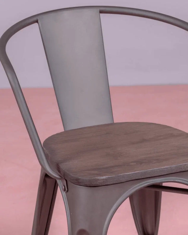 Industriële stijl stoel van metaal en hout met antieke grijze afwerking Bistro