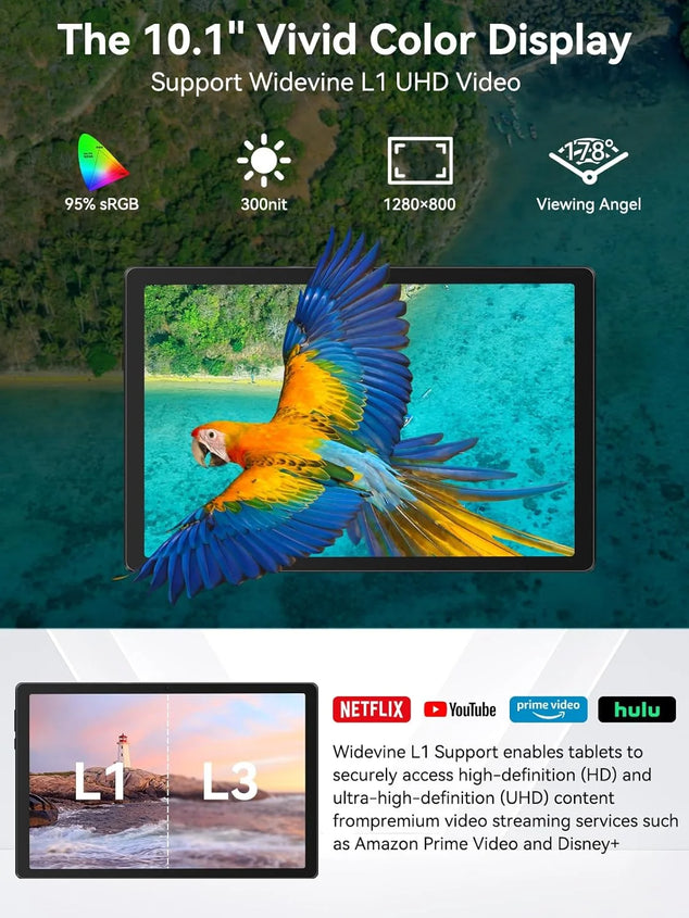 Tablet 10 inch with eight-core Android 14, 14 GB RAM + 64 GB ROM, AI cloud album and 8 kinds of white noise, 5 MP + 8 MP camera, Wi-Fi 6 and BT 5.3 (Black)
