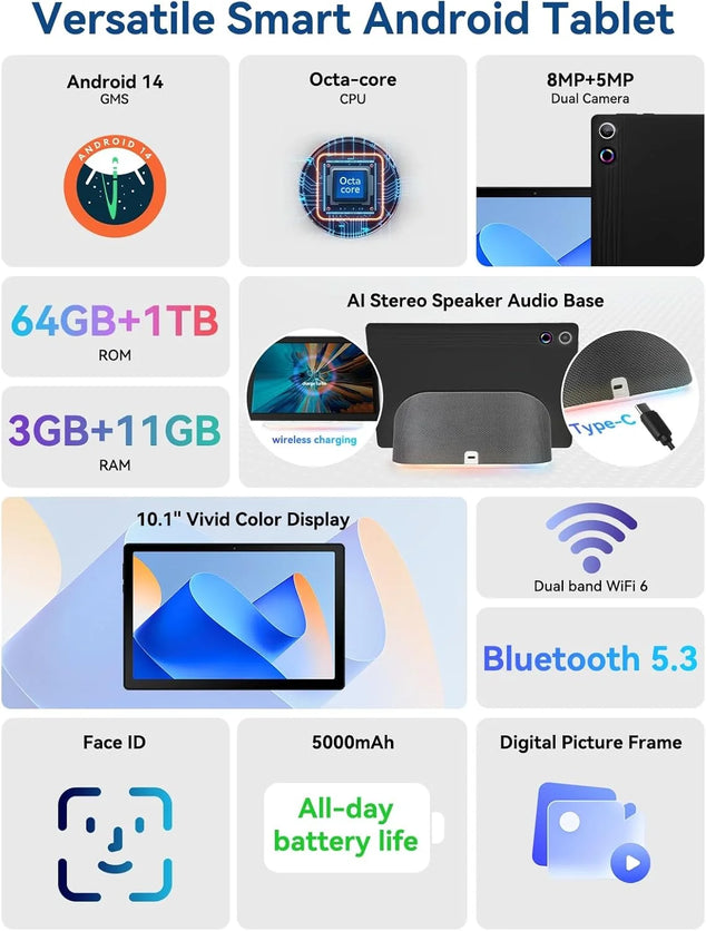 Tablet 10 inch with eight-core Android 14, 14 GB RAM + 64 GB ROM, AI cloud album and 8 kinds of white noise, 5 MP + 8 MP camera, Wi-Fi 6 and BT 5.3 (Black)
