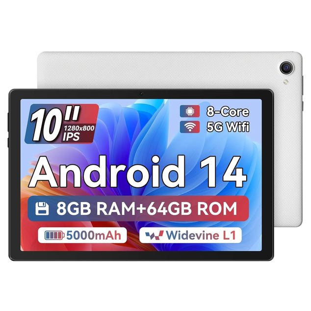 Android Tablet, 10 Inch Tablet Octa-Core 3GB RAM+5GB Virtual+64GB(TF 1TB), Android 14 Tablets 1280x800 HD IPS Wi-Fi 6 Model/Widevine L1/5000mAh/Dual Camera/Face ID Tablets 2024 - White