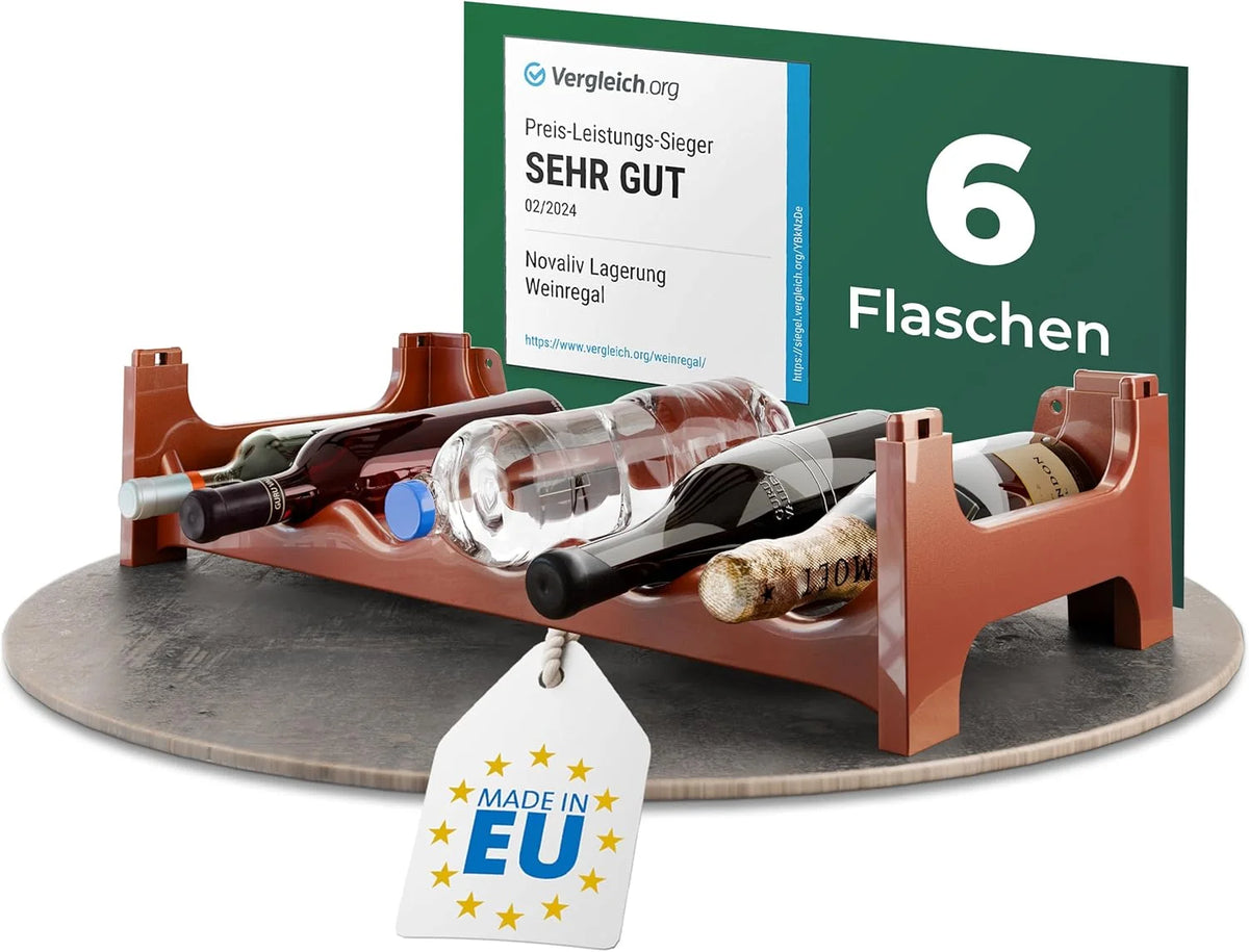 Flessenrek voor 6 flessen, bruin, uitbreidbaar, stapelbaar, drankkast voor flessen, huisdierflessen, wijnrek, plat, wijnopslag, drankopslag, flessenorganizer