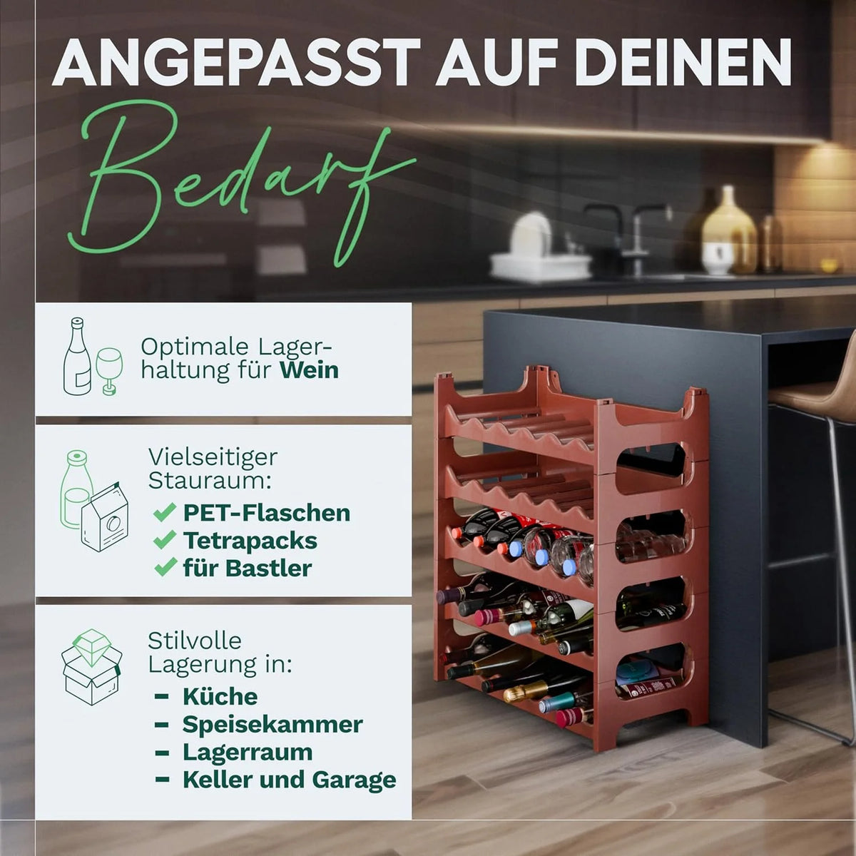 Flessenrek voor 6 flessen, bruin, uitbreidbaar, stapelbaar, drankkast voor flessen, huisdierflessen, wijnrek, plat, wijnopslag, drankopslag, flessenorganizer