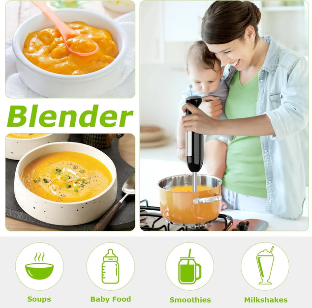 Pureerstaaf, 4-en-1 staafmixer elektrisch, 1000 W, traploze snelheden, roestvrij staal, garde, 500 ml hakbeker en 700 ml maatbeker voor babyvoeding, HB3203 (zwart)