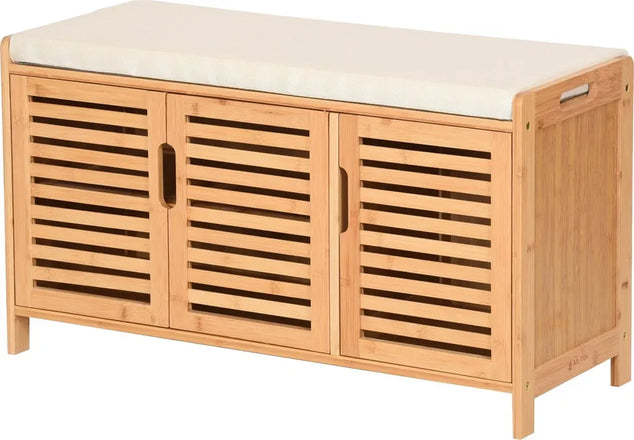 Bamboe schoenenkast met bankje Schoenenbank met 3 vakken Zitkussen Schoenenkast Opbergkast voor gang Hal 50x90x35cm Beige