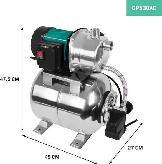 VONROC Hydrofoorpomp / hydrofoorset met drukschakelaar – 1000W - 3500l/h – 19L RVS tank – RVS pomphuis