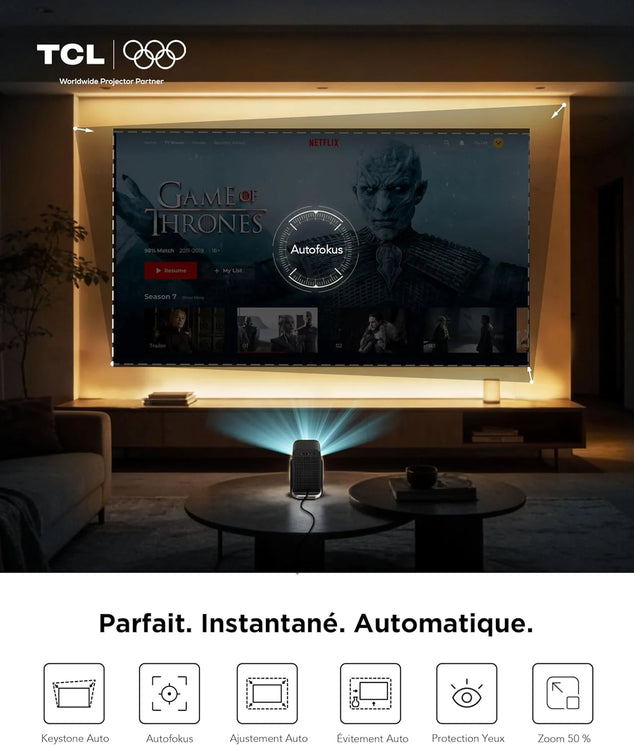 C1 Beamer 4K compatibiliteit, native 1080P, Dolby Audio 8W, Netflix gecertificeerd, Smart Google TV geïntegreerd, Auto Focus/Keystone, Wi-Fi Bluetooth, 285° draaibaar, mini-projector