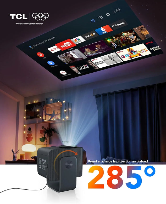 C1 Beamer 4K compatibiliteit, native 1080P, Dolby Audio 8W, Netflix gecertificeerd, Smart Google TV geïntegreerd, Auto Focus/Keystone, Wi-Fi Bluetooth, 285° draaibaar, mini-projector