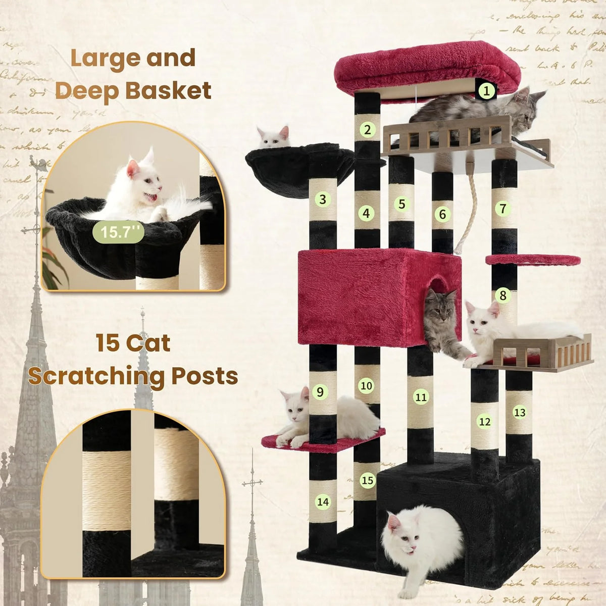 Kattenverblijf, Maine Coon Cat Tree, Heavy Duty Cat Tower for 20 lbs+, GCT033BR