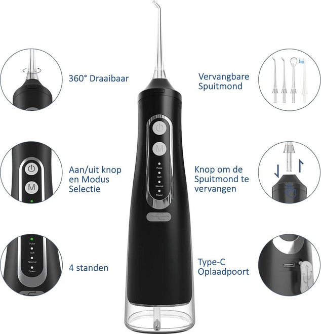 Waterflosser Draadloos zwart 310ml 4 standen