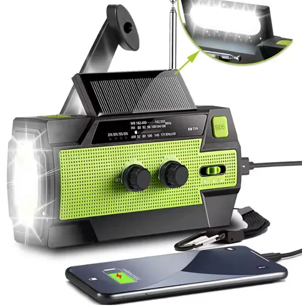 Noodradio - Radio Met Accu Batterij Voor Noodsituaties - 4000 MAH - Opwindbaar - Solar - Zaklamp - Powerbank - Groen