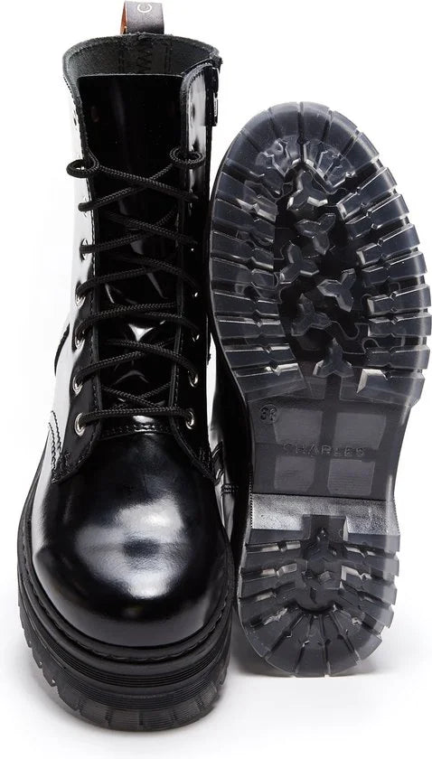Charles Footwear - Dames Laars 1984 Black Polished - Zwart - Maat 38