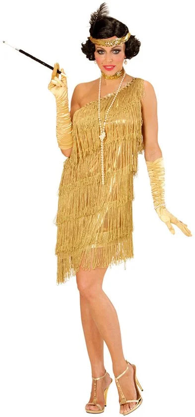 Gouden charleston jurk met haarband en halsband-Maat:XL