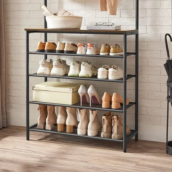 kapstok, kledingrek, kapstok met 5 dubbele haken, schoenenrek met 5 niveaus, een plank bovenop, voor flats, slaapkamers, gangen, industrieel ontwerp,