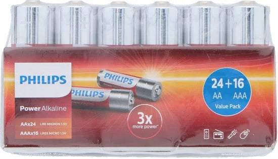 Philips Power Alkaline Batterijen - voordeelpak 40 stuks - 24x AA - 16x AAA