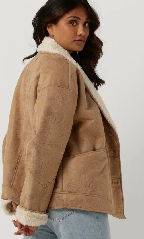 Scotch & Soda Faux Shearling Jacket With Shawl Collar Jassen - Camel