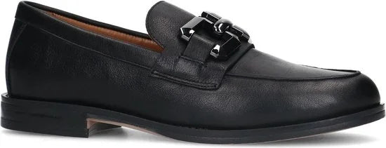 Manfield - Dames - Zwarte leren loafers met vierkanten chain - Maat 37
