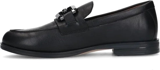 Manfield - Dames - Zwarte leren loafers met vierkanten chain - Maat 37