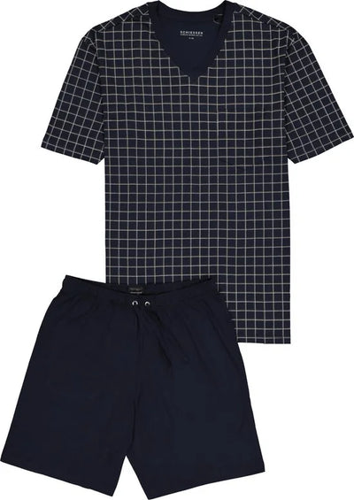 Schiesser heren shortama - blauw geruit -  Maat 6XL