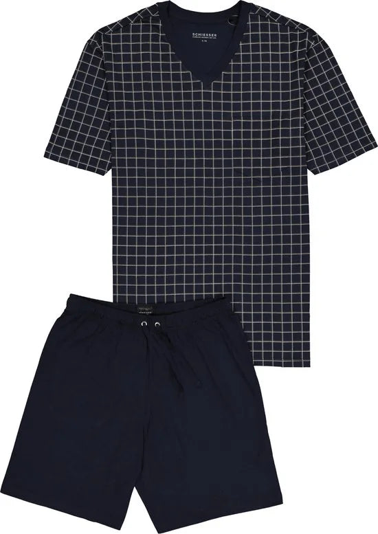 Schiesser heren shortama - blauw geruit -  Maat 6XL