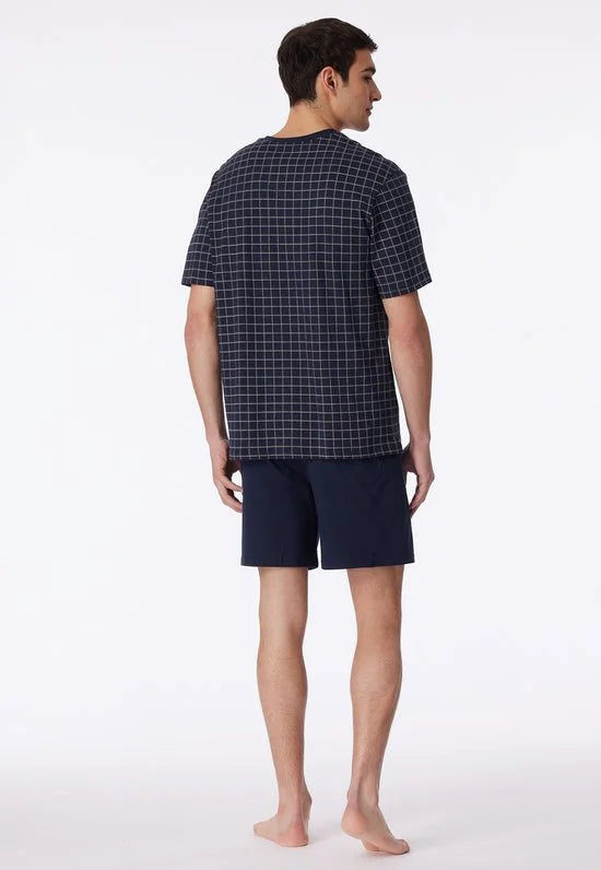 Schiesser heren shortama - blauw geruit -  Maat XXXXXL