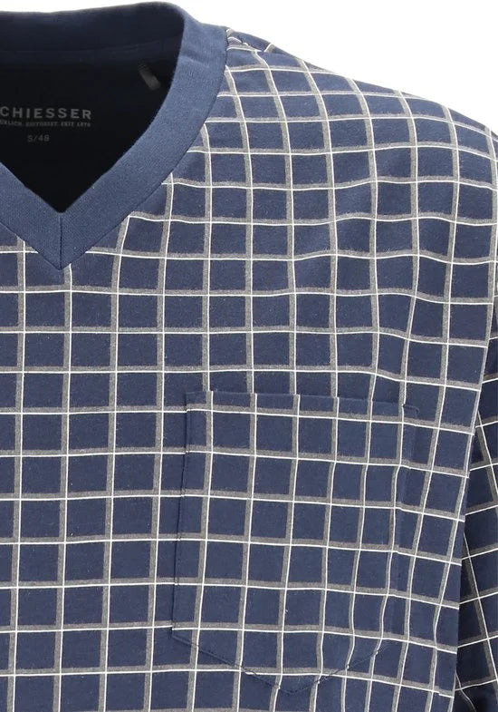 Schiesser heren shortama - blauw geruit -  Maat XXXXXL