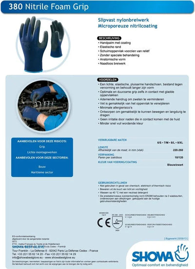 Showa handschoenen - 380 - maat L - grijs / blauw - NBR - foam grip