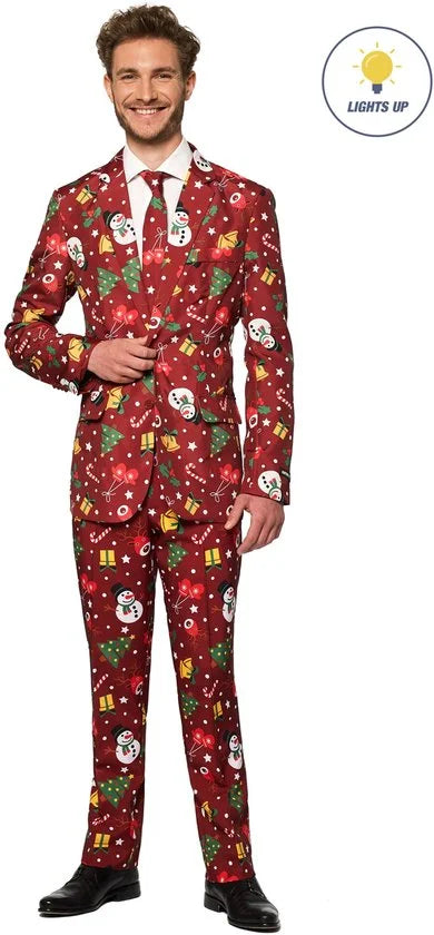 Suitmeister Christmas Red Icons met lichtjes- Verkleedpak - Heren Kerstpak - Kerst Outfit - Rood - Maat L