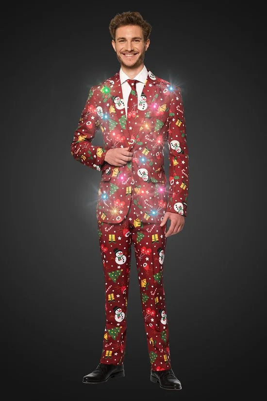 Suitmeister Christmas Red Icons met lichtjes- Verkleedpak - Heren Kerstpak - Kerst Outfit - Rood - Maat L