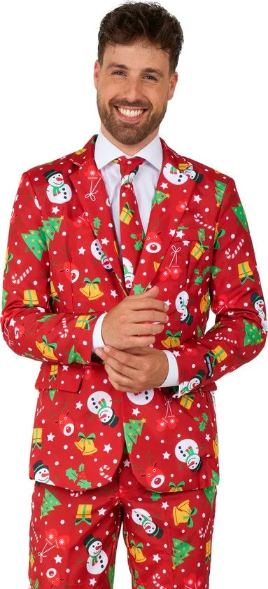 Suitmeister Christmas Red Icons met lichtjes- Verkleedpak - Heren Kerstpak - Kerst Outfit - Rood - Maat L