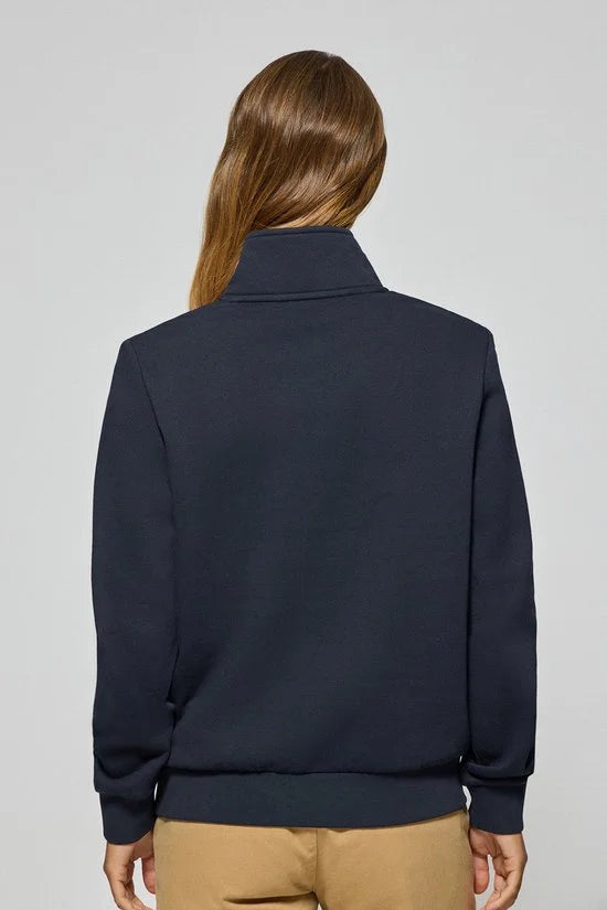 Marineblauwe sweater met halve rits en Rigby Go-logo